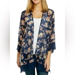Jolt Boho Whimsical Floral Sheer Crochet Hem Open Front Kimono Large Blue